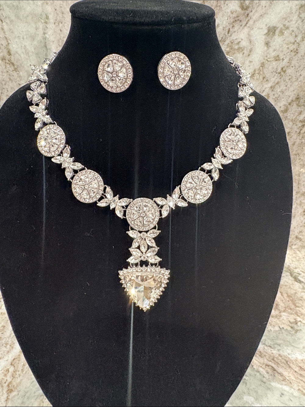 Crystal Statement Necklace and Earring Set - Silver Toned